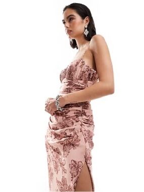 ASOS Rose Blush Floral Satin Slip Dress with Side Slit